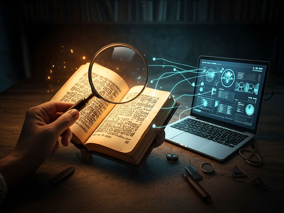 Imagen de libro y computadora. Conoce Nuestra Historia